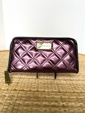 Betsey Johnson metallic burgundy quilted clutch gold-tone nameplate accordion